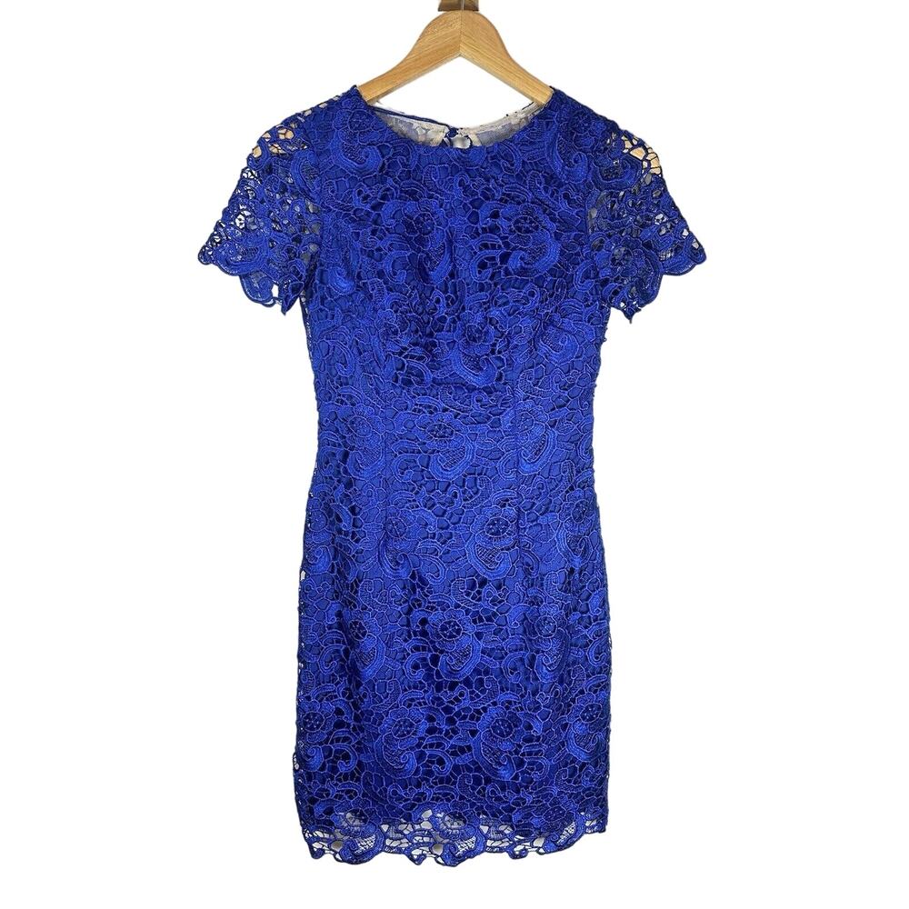Aidan By Aidan Mattox Cobalt Blue Lace Overlay Open Back Cocktail Dress 0 XS GUC